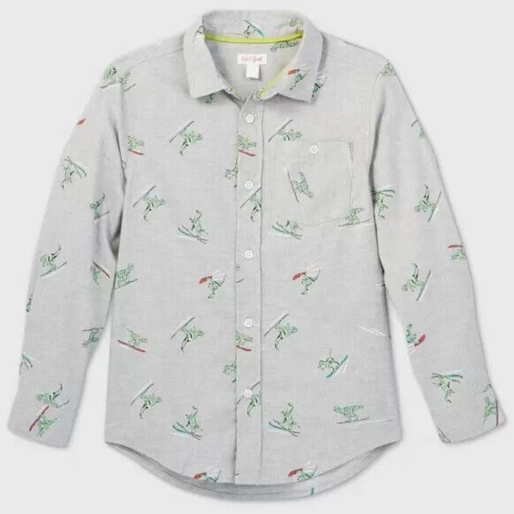 Cat & Jack™ Boys' Shirt Dino Long Sleeve Button-Down Gray LH(12/14)